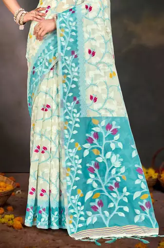 Sangam prints sea green cotton blend woven work traditional saree