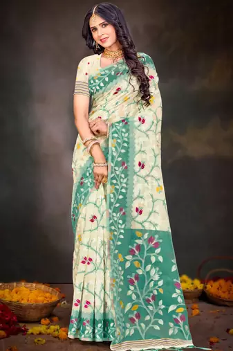 Sangam prints mint green cotton blend woven work traditional saree