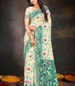 Sangam prints mint green cotton blend woven work traditional saree