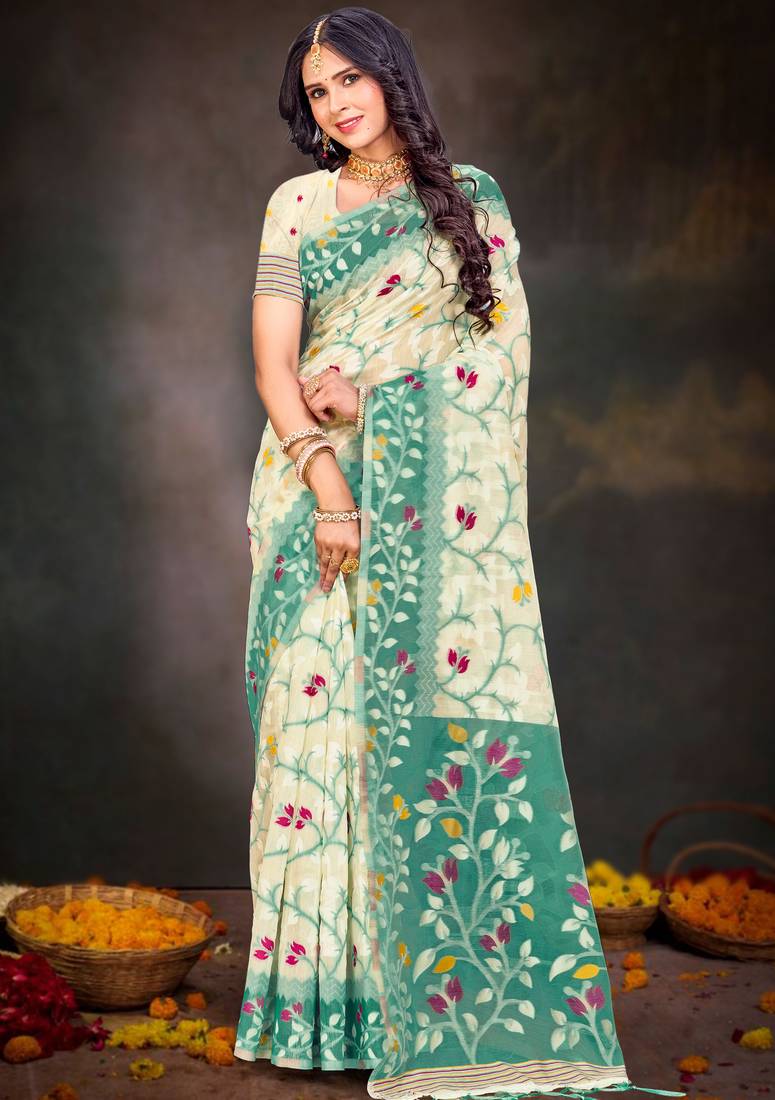 Sangam prints mint green cotton blend woven work traditional saree