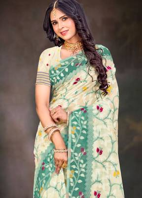 Sangam prints mint green cotton blend woven work traditional saree 2