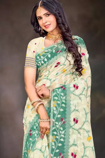 Sangam prints mint green cotton blend woven work traditional saree
