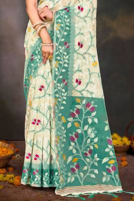 Sangam prints mint green cotton blend woven work traditional saree 3