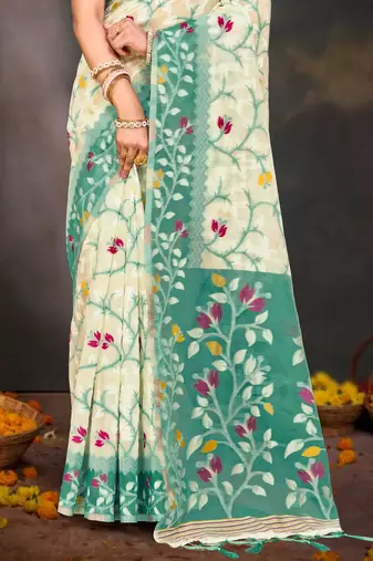 Sangam prints mint green cotton blend woven work traditional saree