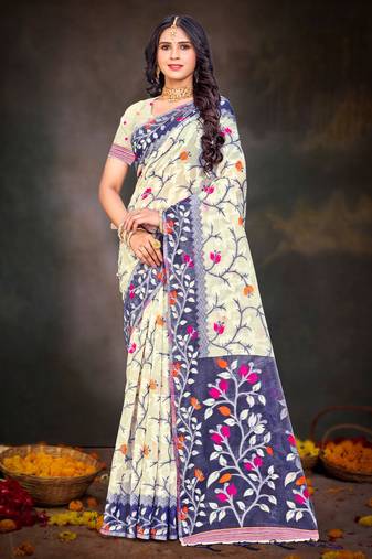 Sangam prints violet cotton blend woven work traditional saree