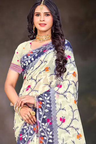 Sangam prints violet cotton blend woven work traditional saree