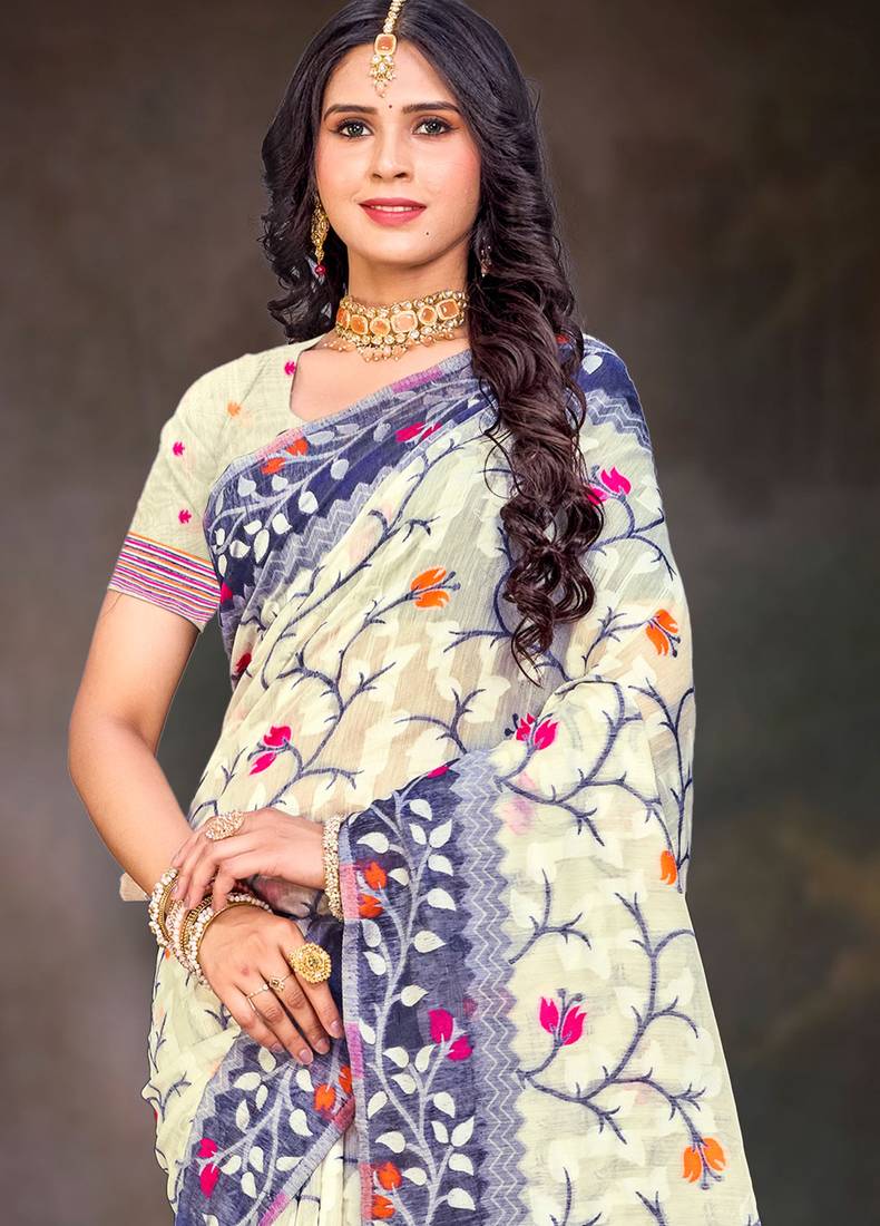 Sangam prints violet cotton blend woven work traditional saree