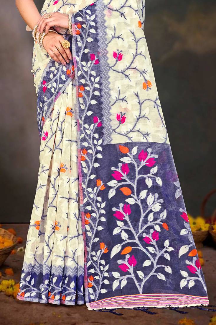 Sangam prints violet cotton blend woven work traditional saree