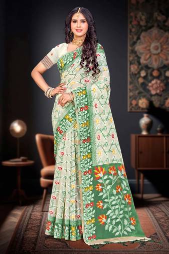 Sangam prints dark green cotton blend woven work traditional saree
