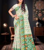 Sangam prints dark green cotton blend woven work traditional saree