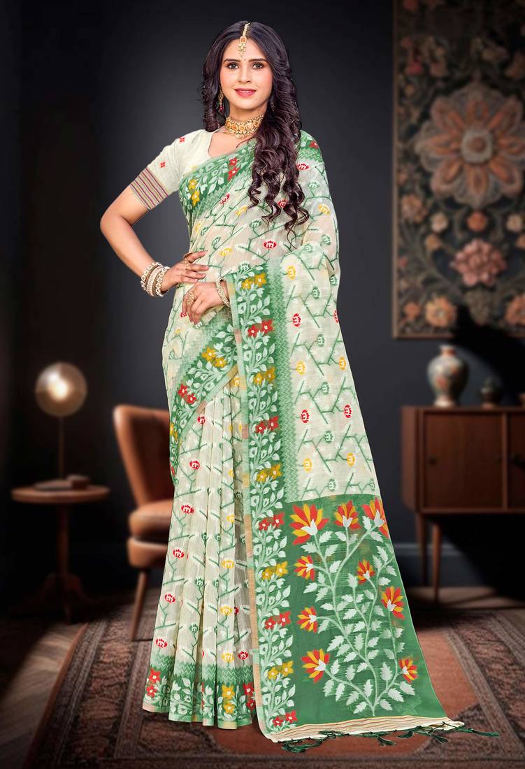 Sangam prints dark green cotton blend woven work traditional saree