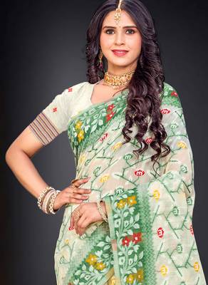 Sangam prints dark green cotton blend woven work traditional saree 2