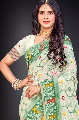 Sangam prints dark green cotton blend woven work traditional saree