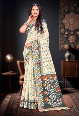 Sangam prints gray cotton blend woven work traditional saree 1