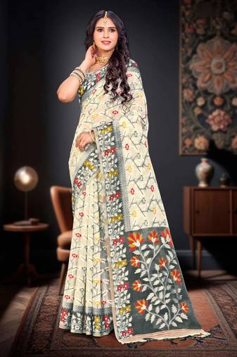 Sangam prints gray cotton blend woven work traditional saree