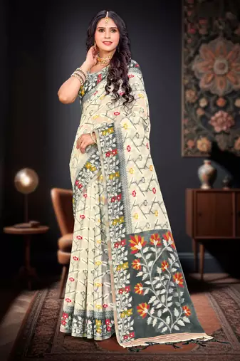 Sangam prints gray cotton blend woven work traditional saree