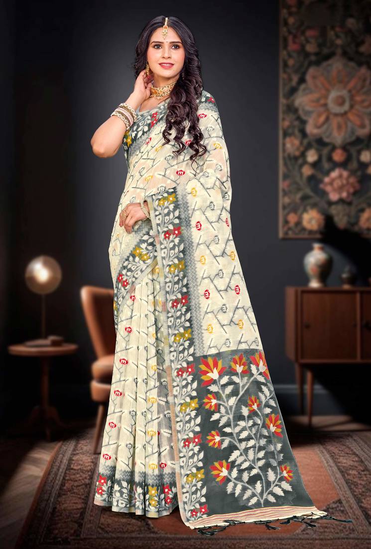 Sangam prints gray cotton blend woven work traditional saree