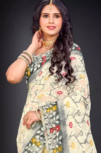 Sangam prints gray cotton blend woven work traditional saree