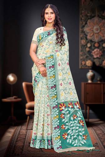 Sangam prints mint green cotton blend woven work traditional saree