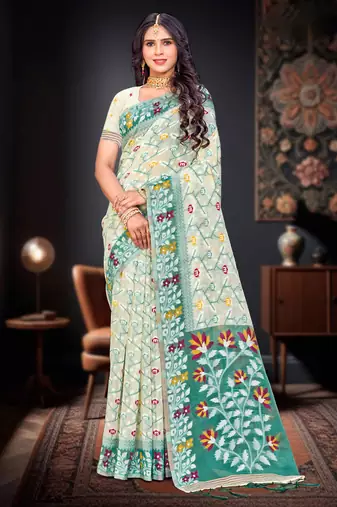 Sangam prints mint green cotton blend woven work traditional saree