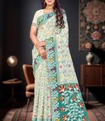 Sangam prints mint green cotton blend woven work traditional saree
