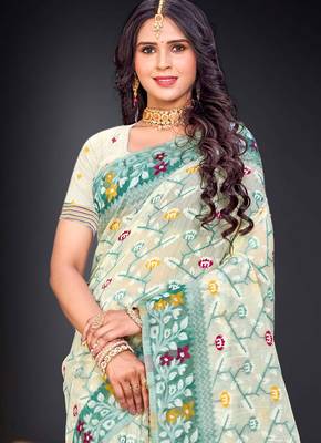 Sangam prints mint green cotton blend woven work traditional saree 2