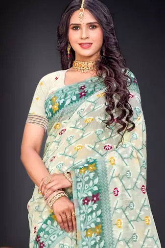 Sangam prints mint green cotton blend woven work traditional saree