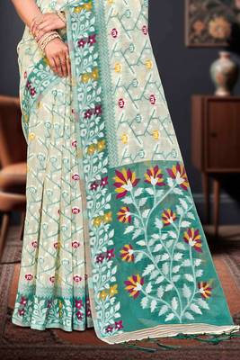 Sangam prints mint green cotton blend woven work traditional saree 3