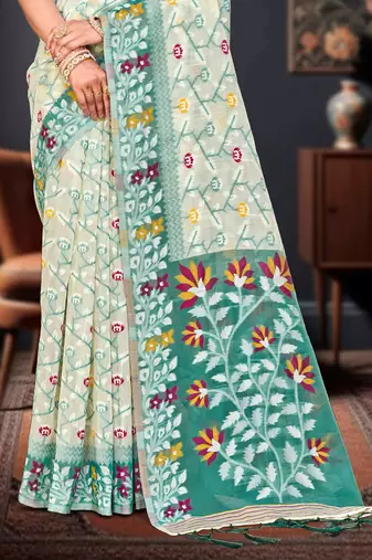 Sangam prints mint green cotton blend woven work traditional saree
