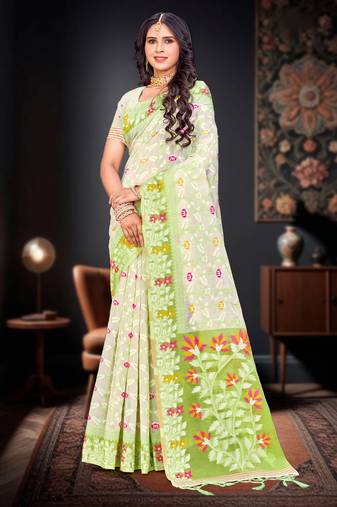 Sangam prints parrot green cotton blend woven work traditional saree