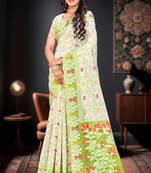 Sangam prints parrot green cotton blend woven work traditional saree