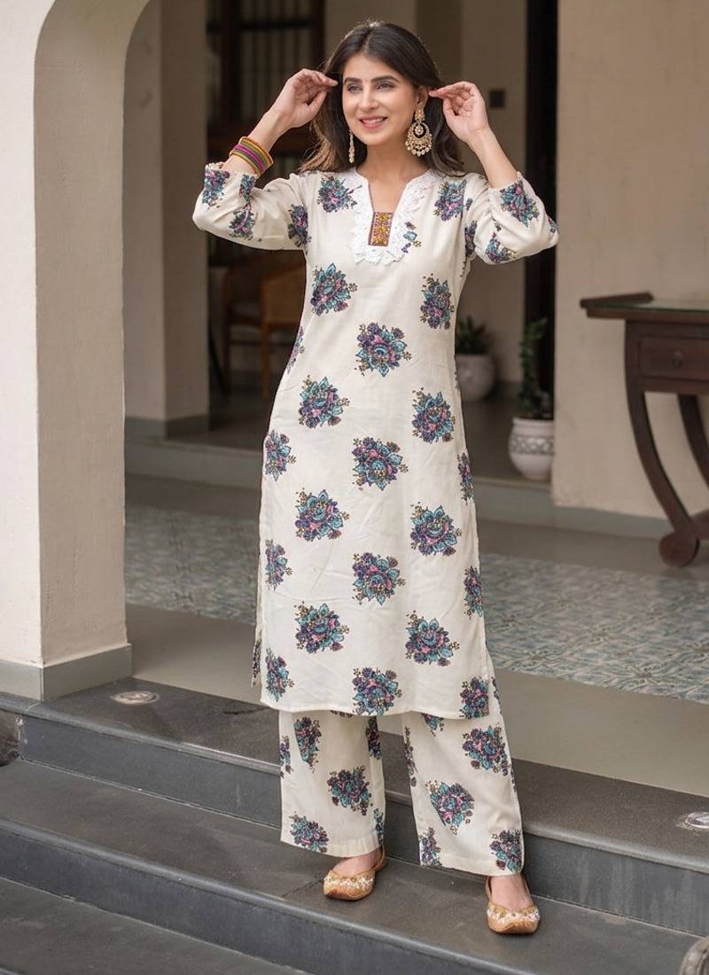 Women's Beautiful Printed Work Cotton Fabric Straight Kurta Pant Set