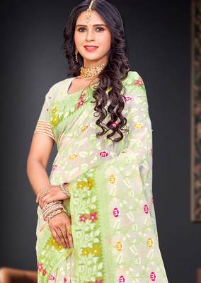 Sangam prints parrot green cotton blend woven work traditional saree 2