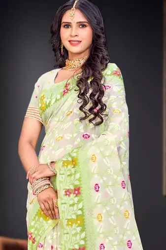 Sangam prints parrot green cotton blend woven work traditional saree