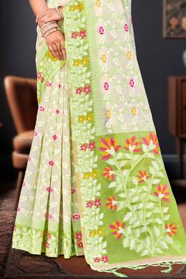 Sangam prints parrot green cotton blend woven work traditional saree 3