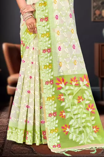 Sangam prints parrot green cotton blend woven work traditional saree