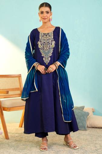 Women's Beautiful Embroidery Work Viscose Silk Fabric Flared Anarkali Pant and Dupatta Set