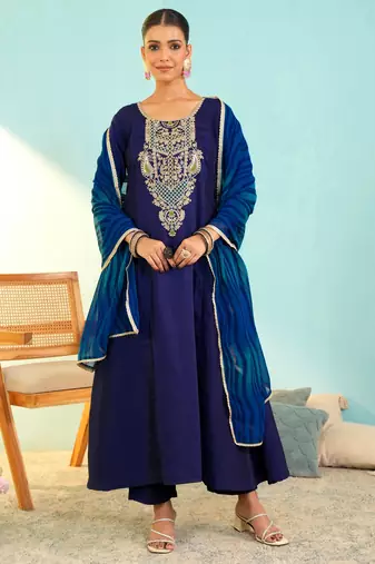 Women's Beautiful Embroidery Work Viscose Silk Fabric Flared Anarkali Pant and Dupatta Set