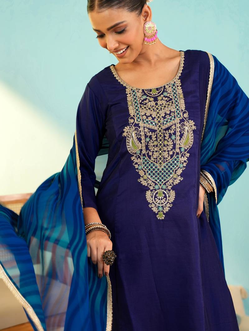 Women's Beautiful Embroidery Work Viscose Silk Fabric Flared Anarkali Pant and Dupatta Set