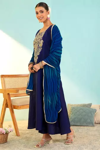 Women's Beautiful Embroidery Work Viscose Silk Fabric Flared Anarkali Pant and Dupatta Set