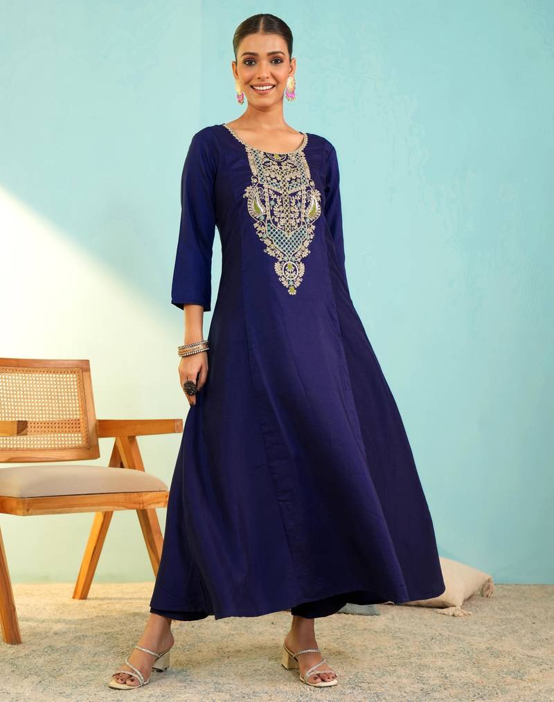 Women's Beautiful Embroidery Work Viscose Silk Fabric Flared Anarkali Pant and Dupatta Set