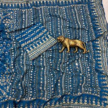 Blue Color Prints And  real mirror work georgette Saree 2