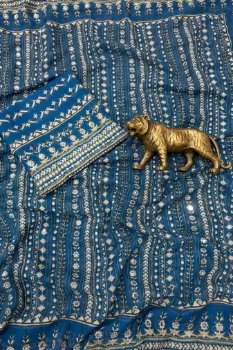 Blue Color Prints And  real mirror work georgette Saree
