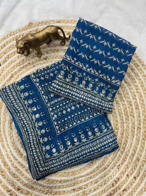 Blue Color Prints And  real mirror work georgette Saree 4