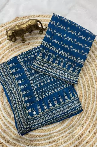 Blue Color Prints And  real mirror work georgette Saree