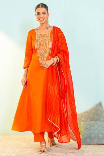Women's Beautiful Embroidery Work Viscose Silk Fabric Flared Anarkali Pant and Dupatta Set