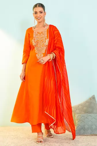 Women's Beautiful Embroidery Work Viscose Silk Fabric Flared Anarkali Pant and Dupatta Set