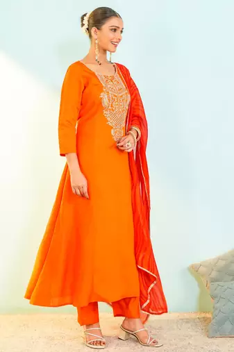 Women's Beautiful Embroidery Work Viscose Silk Fabric Flared Anarkali Pant and Dupatta Set