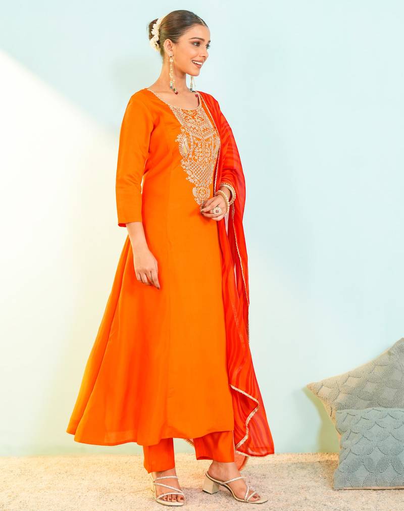 Women's Beautiful Embroidery Work Viscose Silk Fabric Flared Anarkali Pant and Dupatta Set