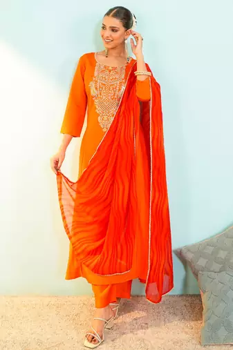 Women's Beautiful Embroidery Work Viscose Silk Fabric Flared Anarkali Pant and Dupatta Set